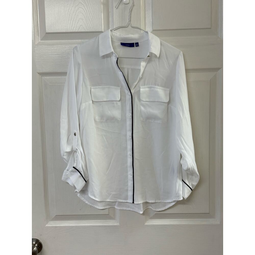 APT.9 White Button Down Blouse with Black Piping | Size XS